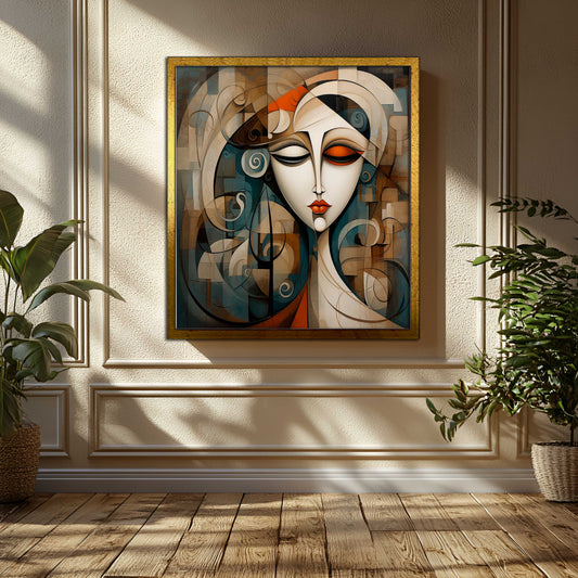 Serene Cubist Woman Portrait - Abstract Geometric Canvas Painting with Earth Tones