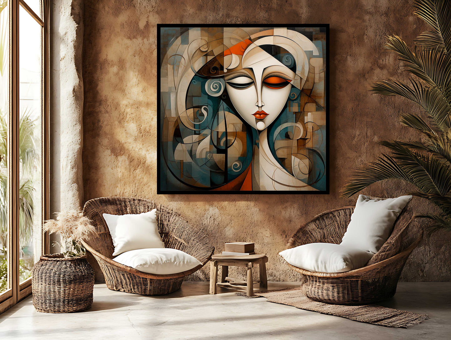 Serene Cubist Woman Portrait - Abstract Geometric Canvas Painting with Earth Tones