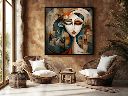Serene Cubist Woman Portrait - Abstract Geometric Canvas Painting with Earth Tones