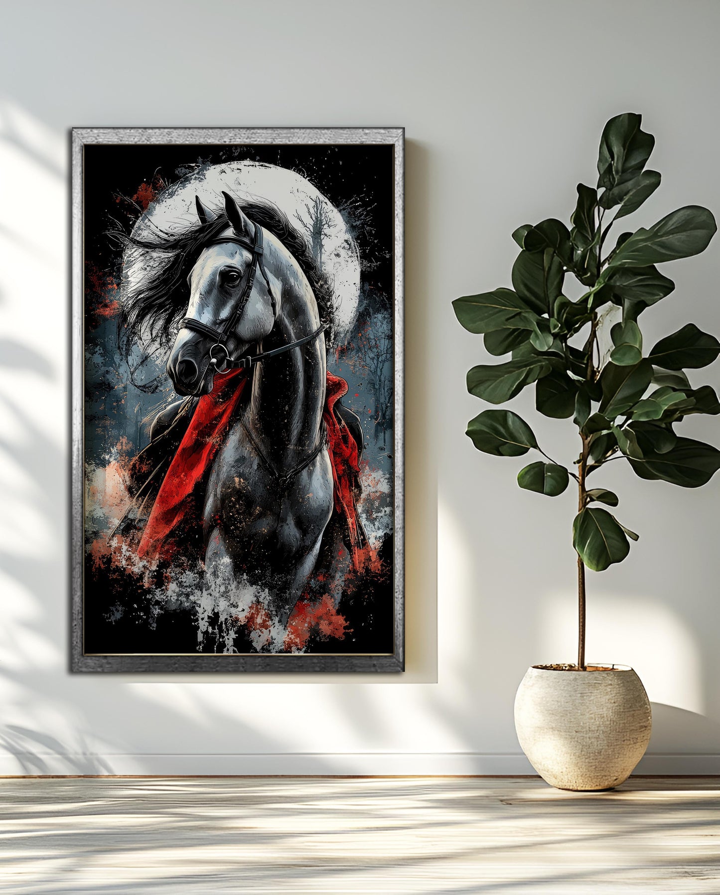 Mystic Dark Horse with Red Cape – Moonlit Gothic Illustration Art Print