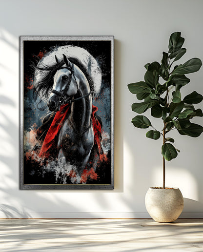 Mystic Dark Horse with Red Cape – Moonlit Gothic Illustration Art Print