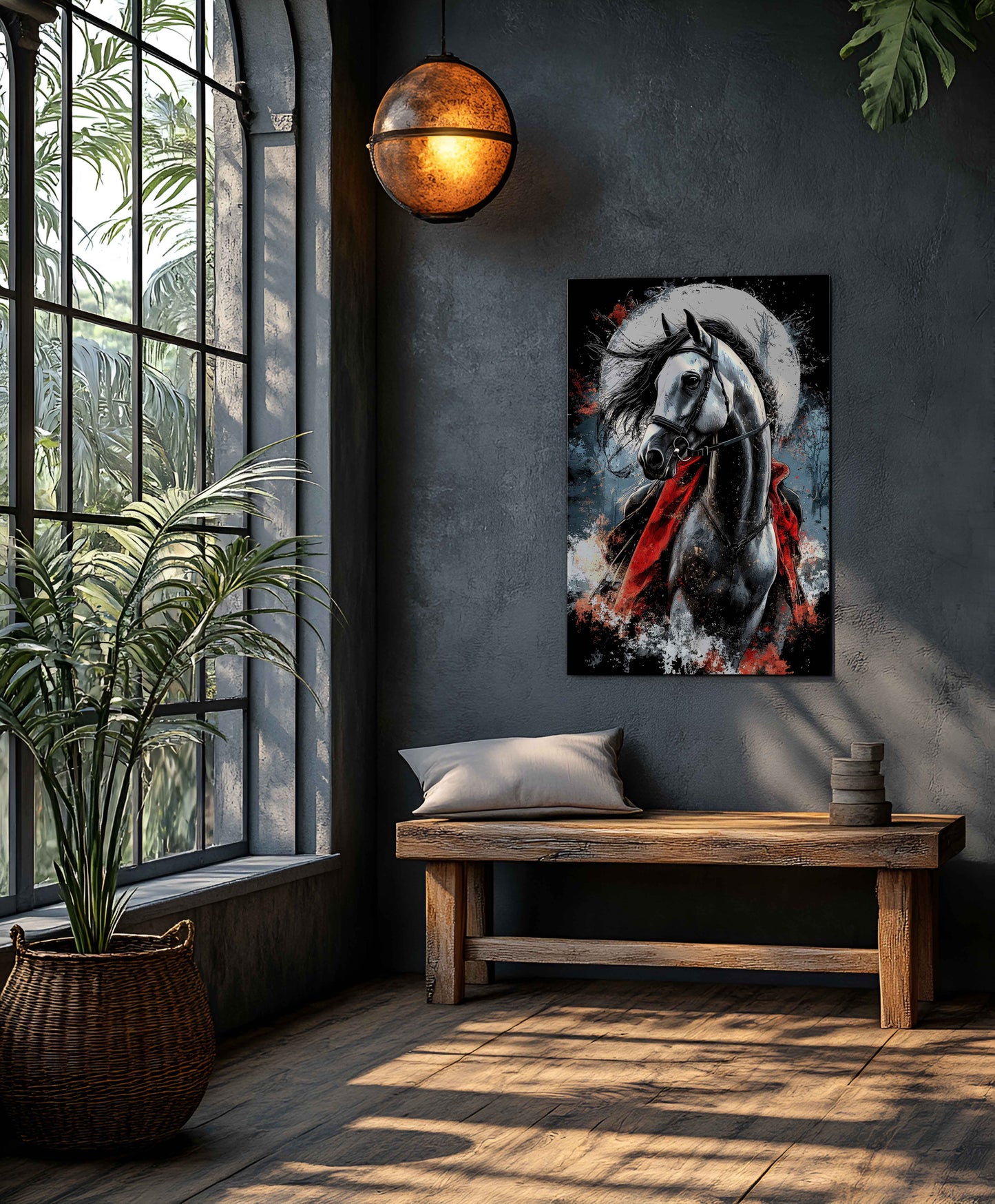 Mystic Dark Horse with Red Cape – Moonlit Gothic Illustration Art Print