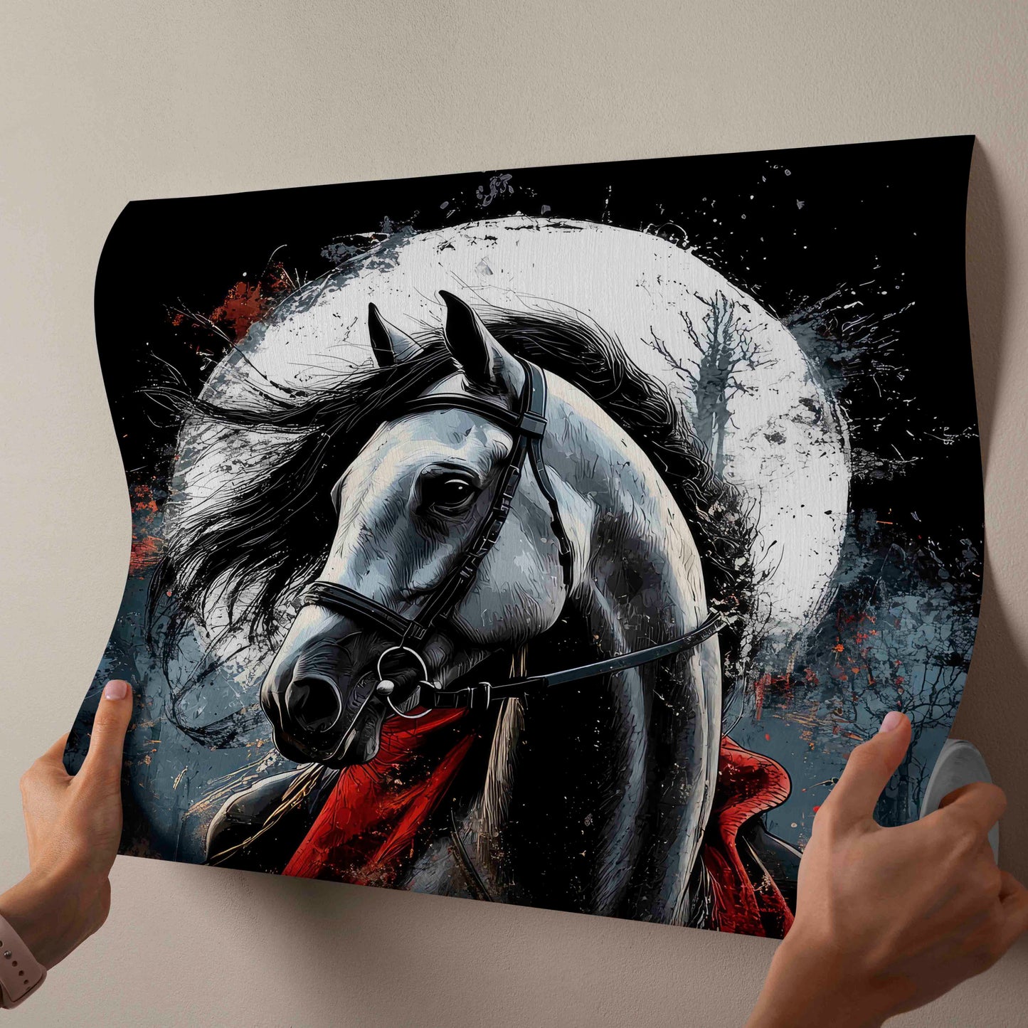 Mystic Dark Horse with Red Cape – Moonlit Gothic Illustration Art Print