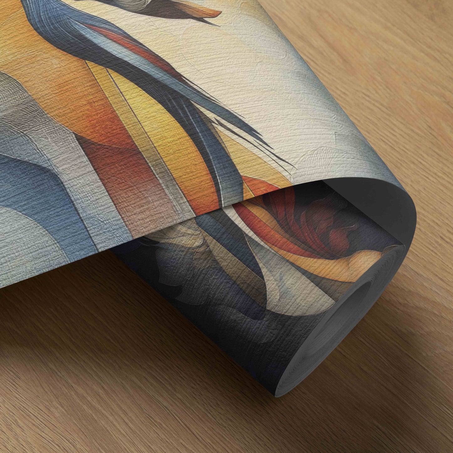 Surreal Bird and Sun Abstract Art Print - Blue, Orange, and Gold Geometric Design