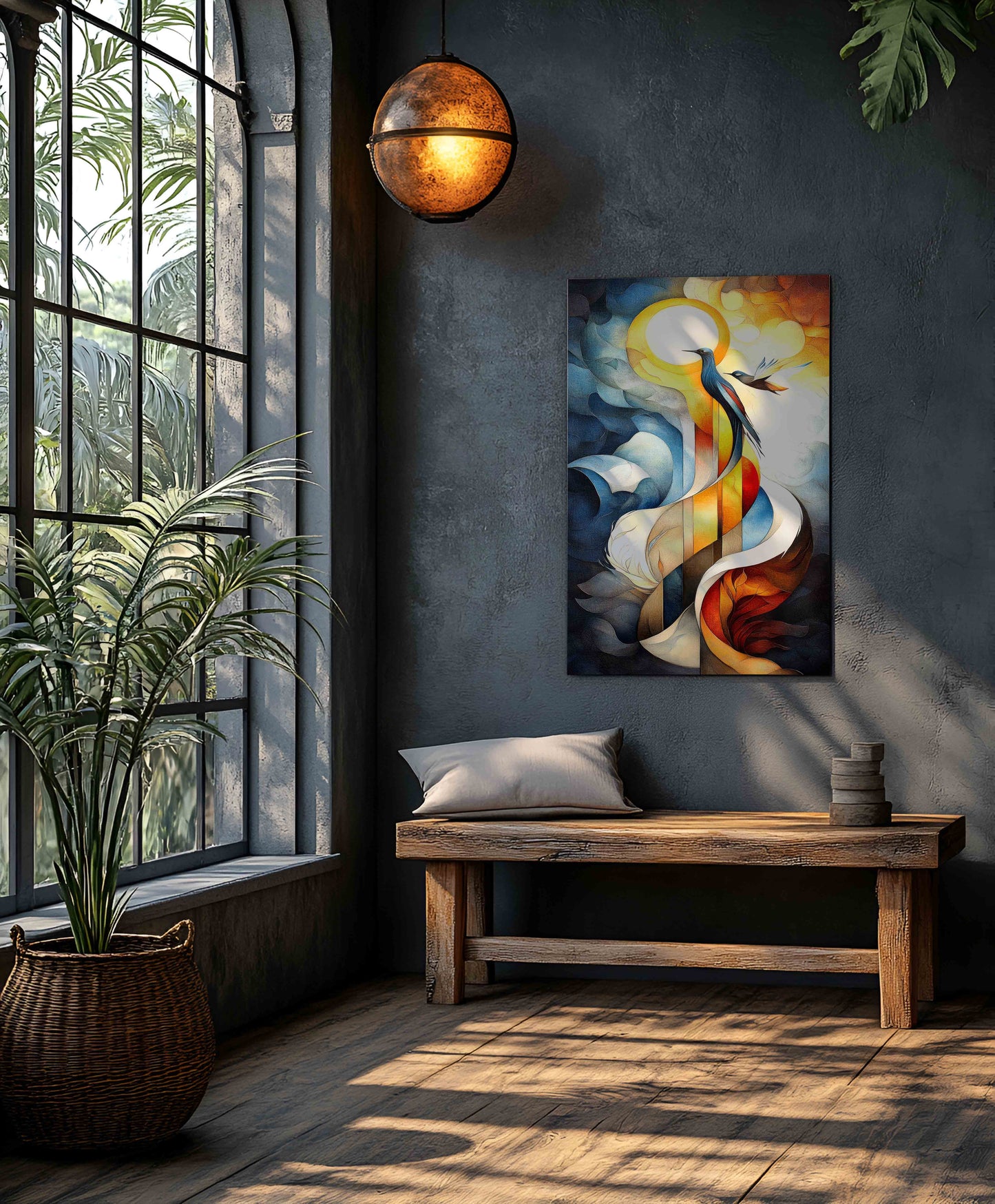 Surreal Bird and Sun Abstract Art Print - Blue, Orange, and Gold Geometric Design