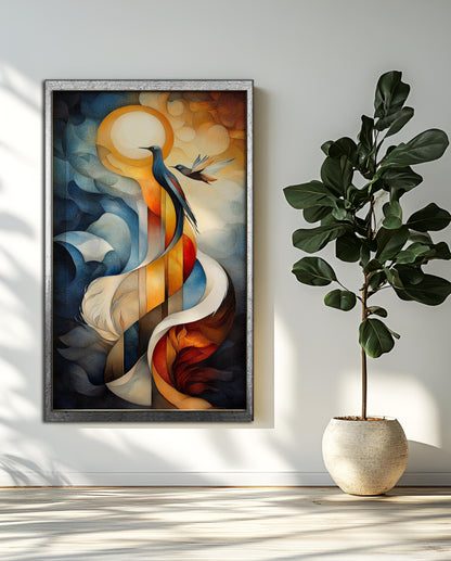 Surreal Bird and Sun Abstract Art Print - Blue, Orange, and Gold Geometric Design