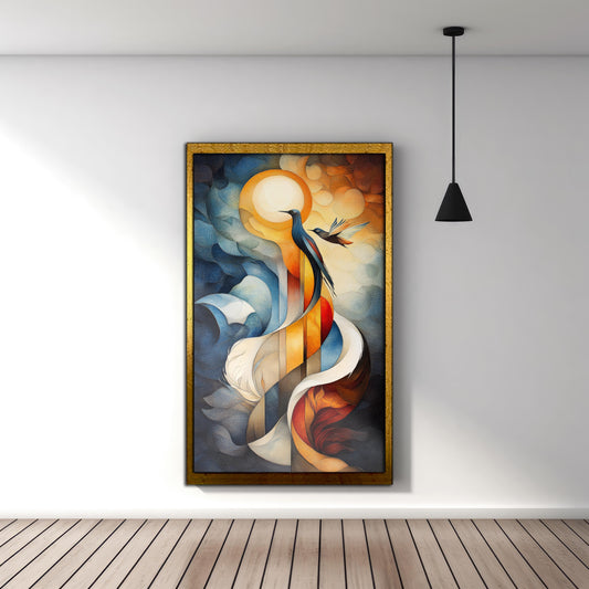 Surreal Bird and Sun Abstract Art Print - Blue, Orange, and Gold Geometric Design