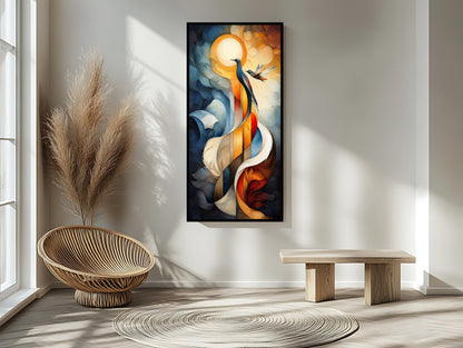 Surreal Bird and Sun Abstract Art Print - Blue, Orange, and Gold Geometric Design