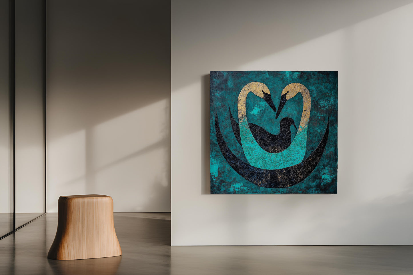 Gilded Embrace: Abstract Teal & Gold Swan Family Canvas Painting