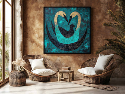 Gilded Embrace: Abstract Teal & Gold Swan Family Canvas Painting