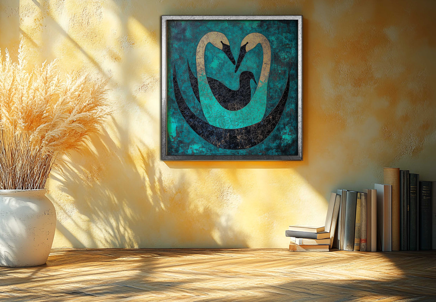 Gilded Embrace: Abstract Teal & Gold Swan Family Canvas Painting