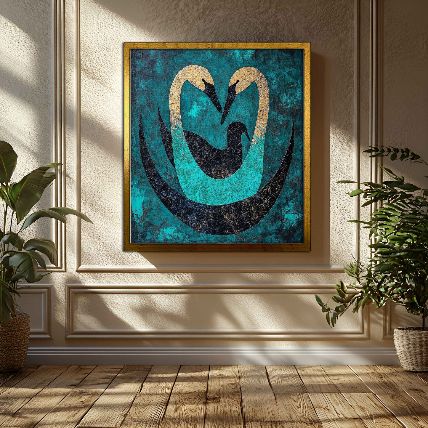 Gilded Embrace: Abstract Teal & Gold Swan Family Canvas Painting