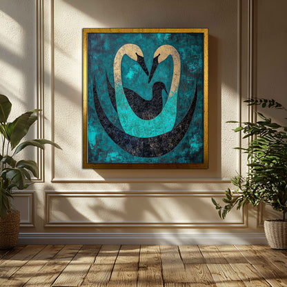 Gilded Embrace: Abstract Teal & Gold Swan Family Canvas Painting