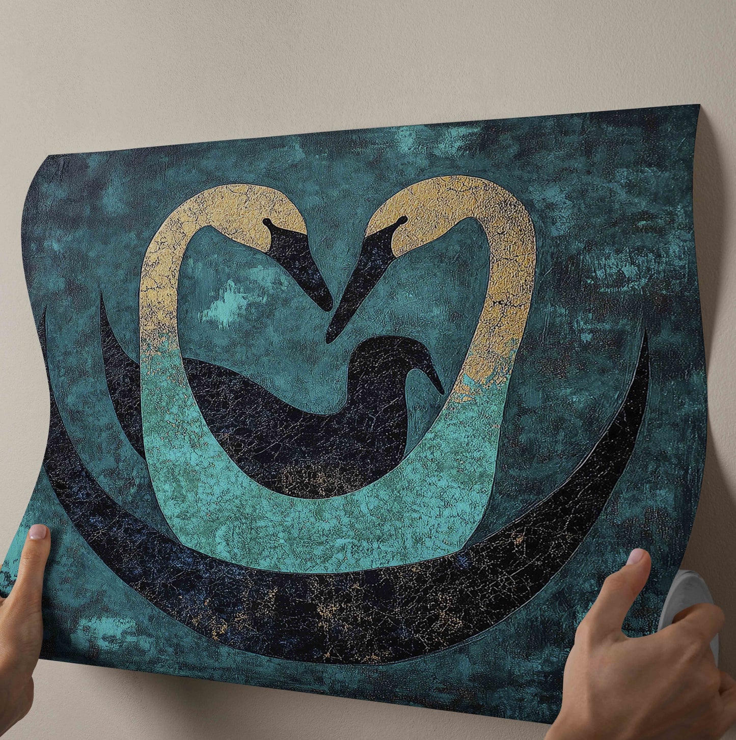 Gilded Embrace: Abstract Teal & Gold Swan Family Canvas Painting
