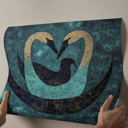 Gilded Embrace: Abstract Teal & Gold Swan Family Canvas Painting