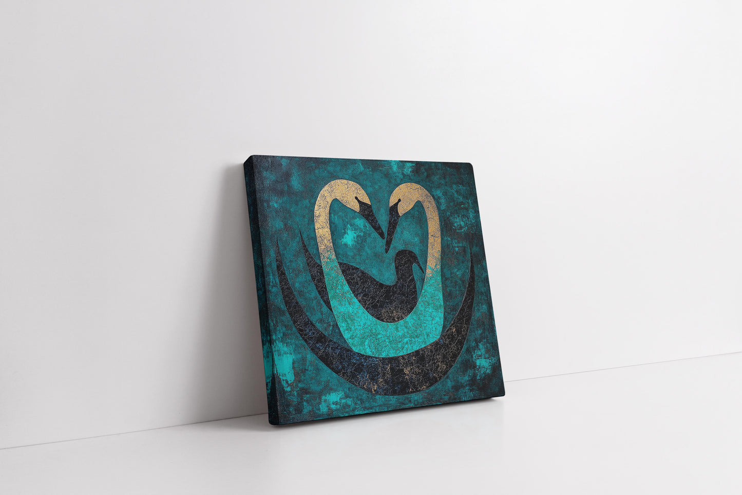 Gilded Embrace: Abstract Teal & Gold Swan Family Canvas Painting