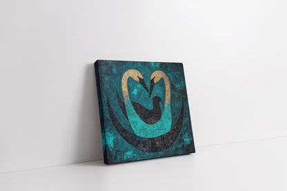 Gilded Embrace: Abstract Teal & Gold Swan Family Canvas Painting