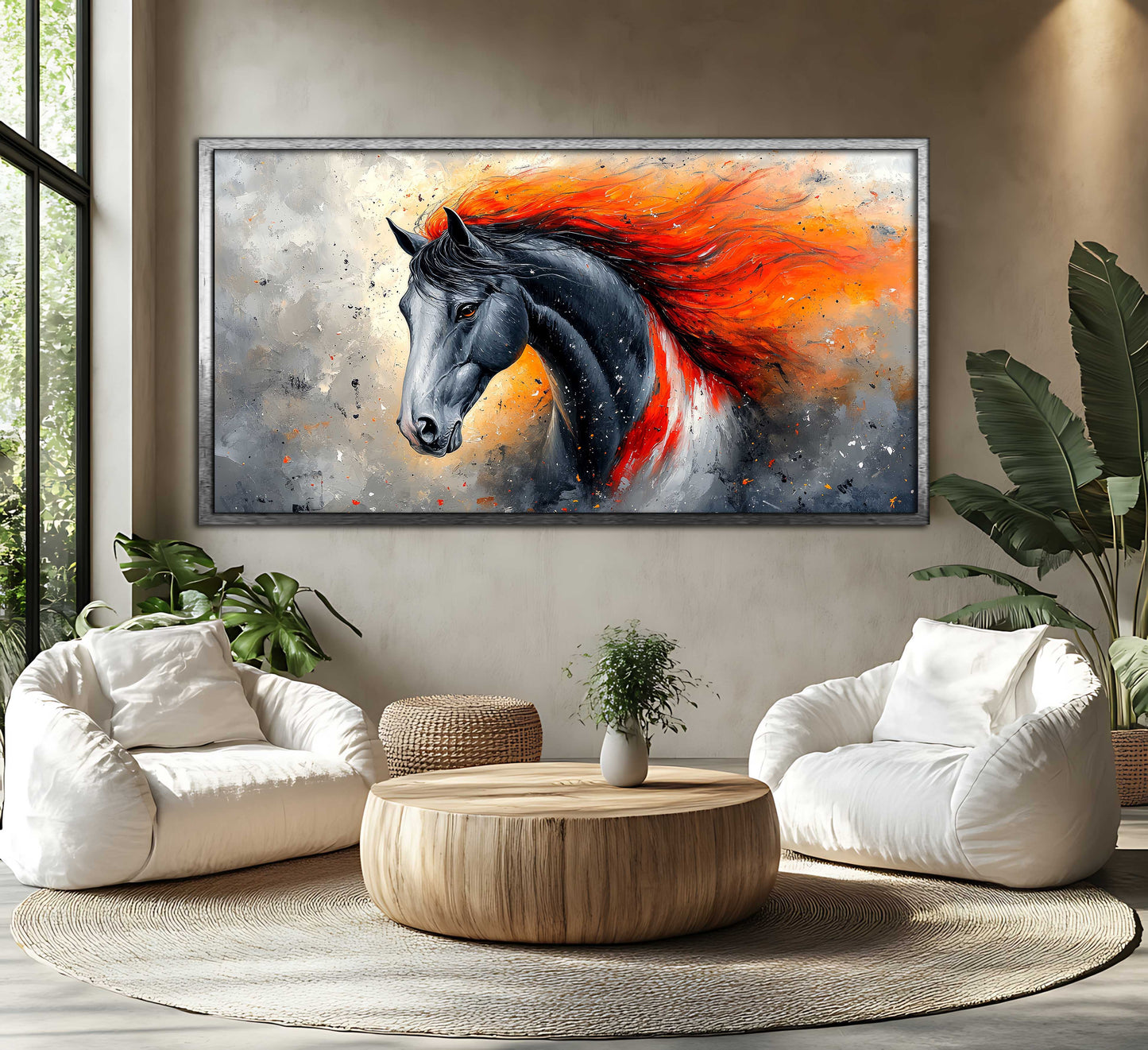 Untamed Spirit: Fiery Black Horse Abstract Canvas Art