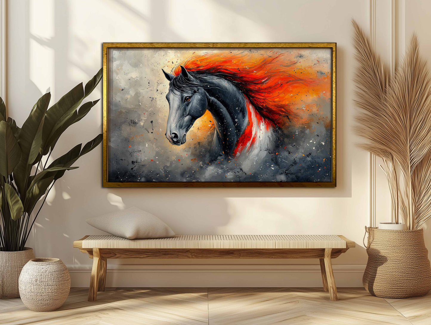 Untamed Spirit: Fiery Black Horse Abstract Canvas Art