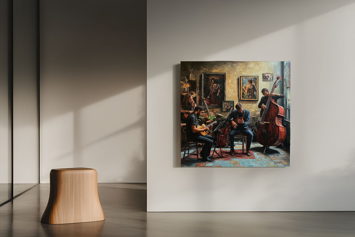 "The Studio Session: Warm Jazz Quartet Oil Painting Canvas Art"