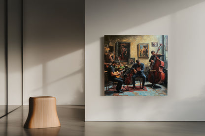 "The Studio Session: Warm Jazz Quartet Oil Painting Canvas Art"