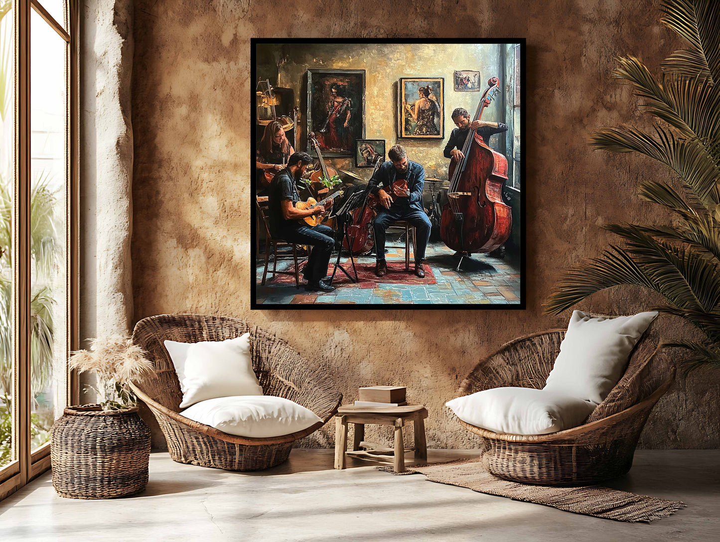"The Studio Session: Warm Jazz Quartet Oil Painting Canvas Art"
