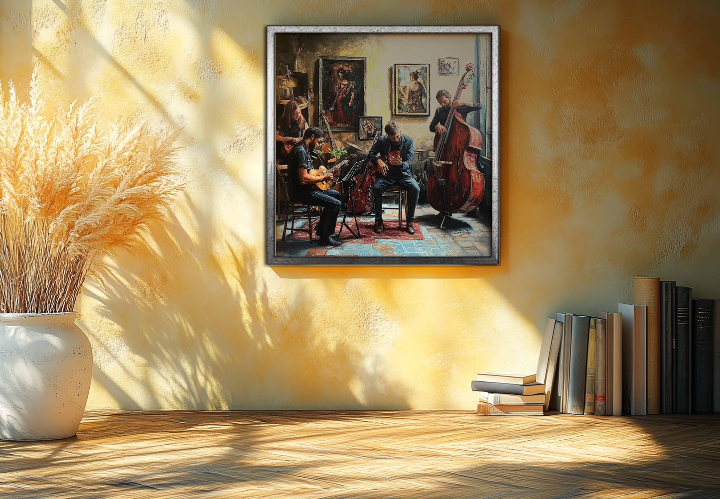 "The Studio Session: Warm Jazz Quartet Oil Painting Canvas Art"