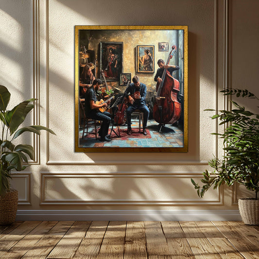"The Studio Session: Warm Jazz Quartet Oil Painting Canvas Art"