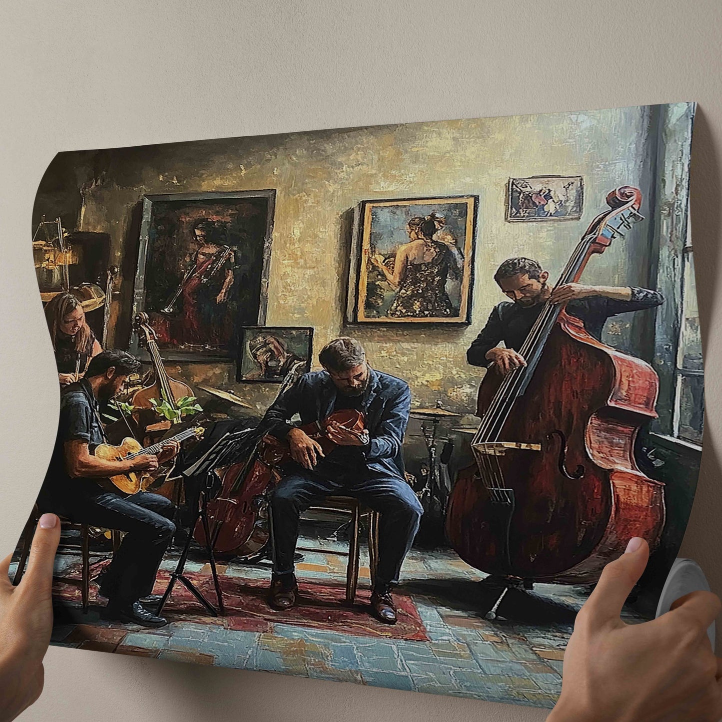 "The Studio Session: Warm Jazz Quartet Oil Painting Canvas Art"