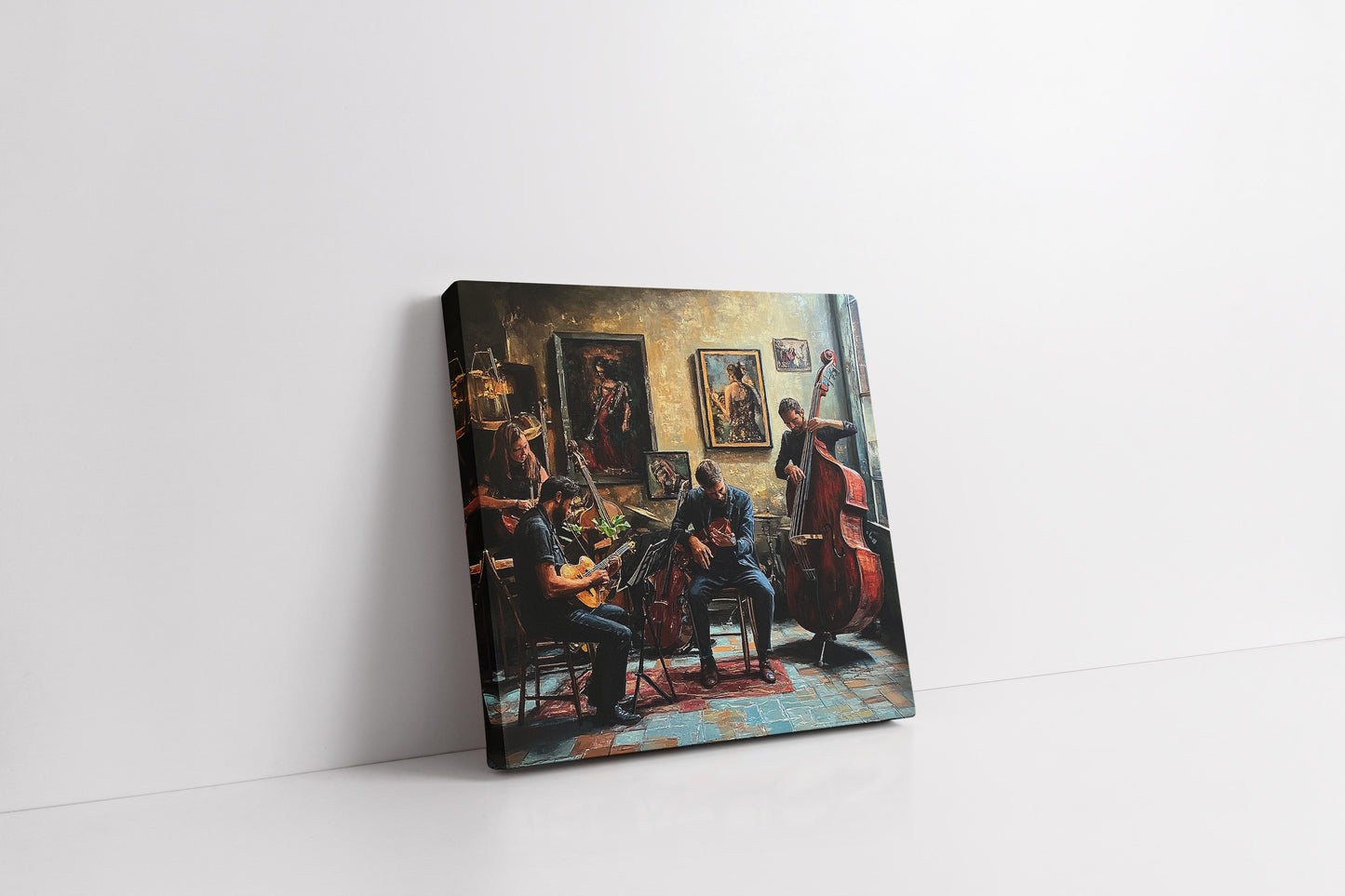 "The Studio Session: Warm Jazz Quartet Oil Painting Canvas Art"