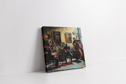 "The Studio Session: Warm Jazz Quartet Oil Painting Canvas Art"