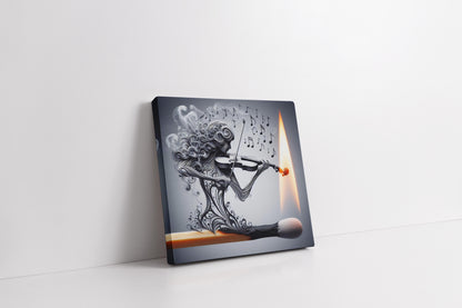 Ignited Melody: Surreal Smoke Violinist on a Burning Match Art Print