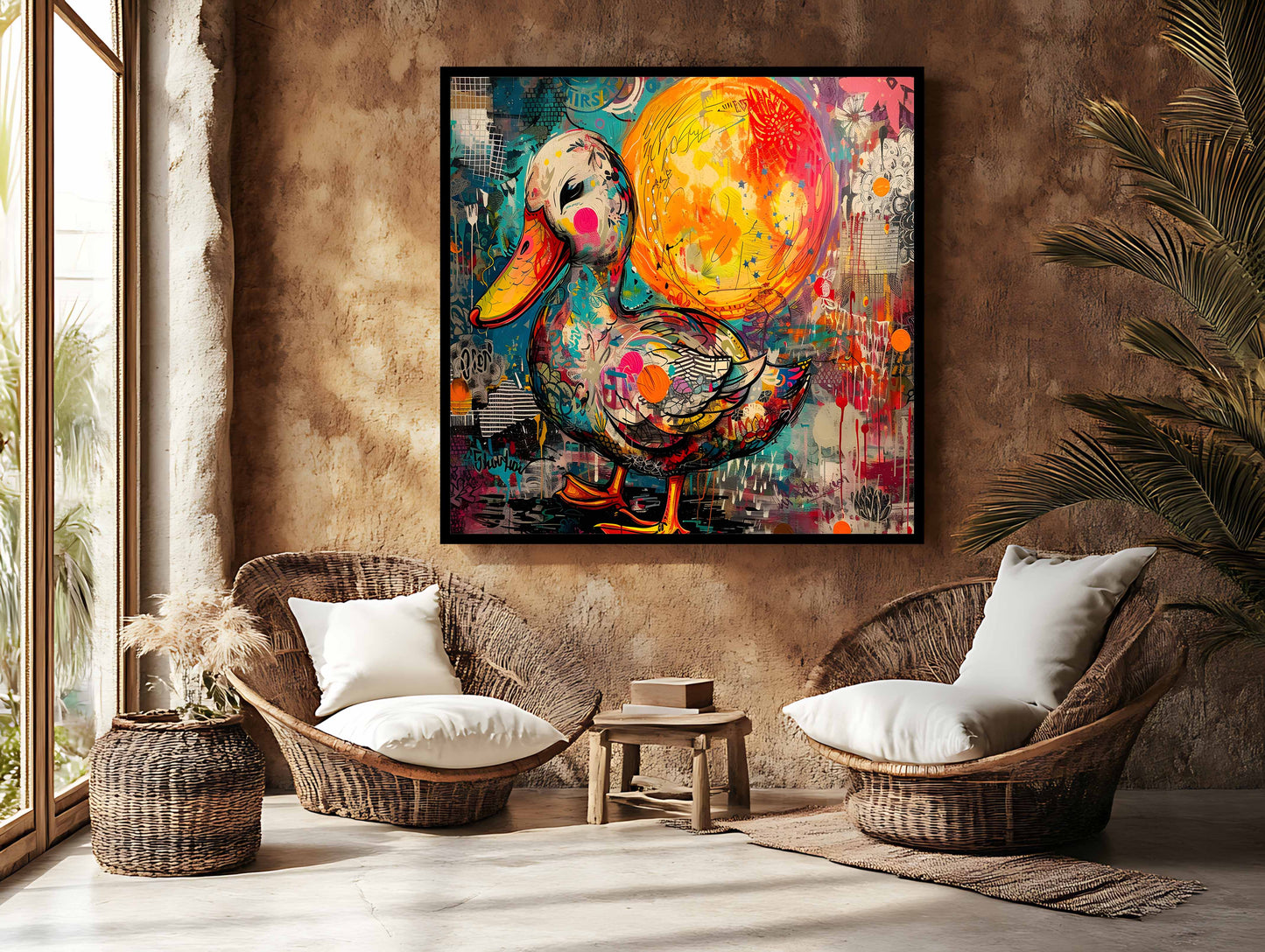 Vibrant Street Art Duck & Moon Mixed Media Canvas Painting
