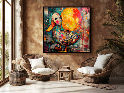 Vibrant Street Art Duck & Moon Mixed Media Canvas Painting