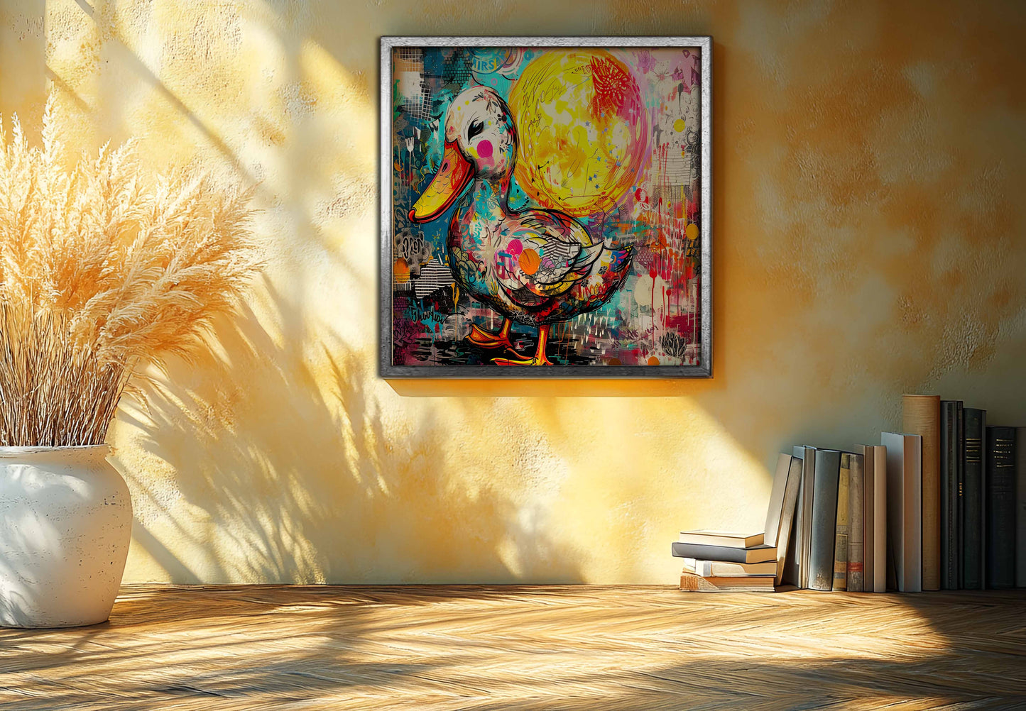 Vibrant Street Art Duck & Moon Mixed Media Canvas Painting