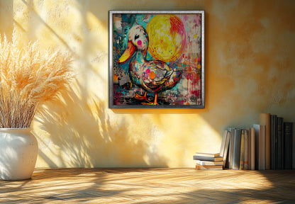 Vibrant Street Art Duck & Moon Mixed Media Canvas Painting