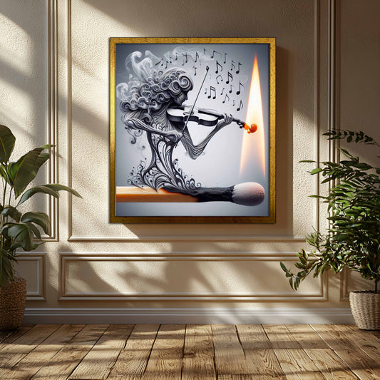Ignited Melody: Surreal Smoke Violinist on a Burning Match Art Print