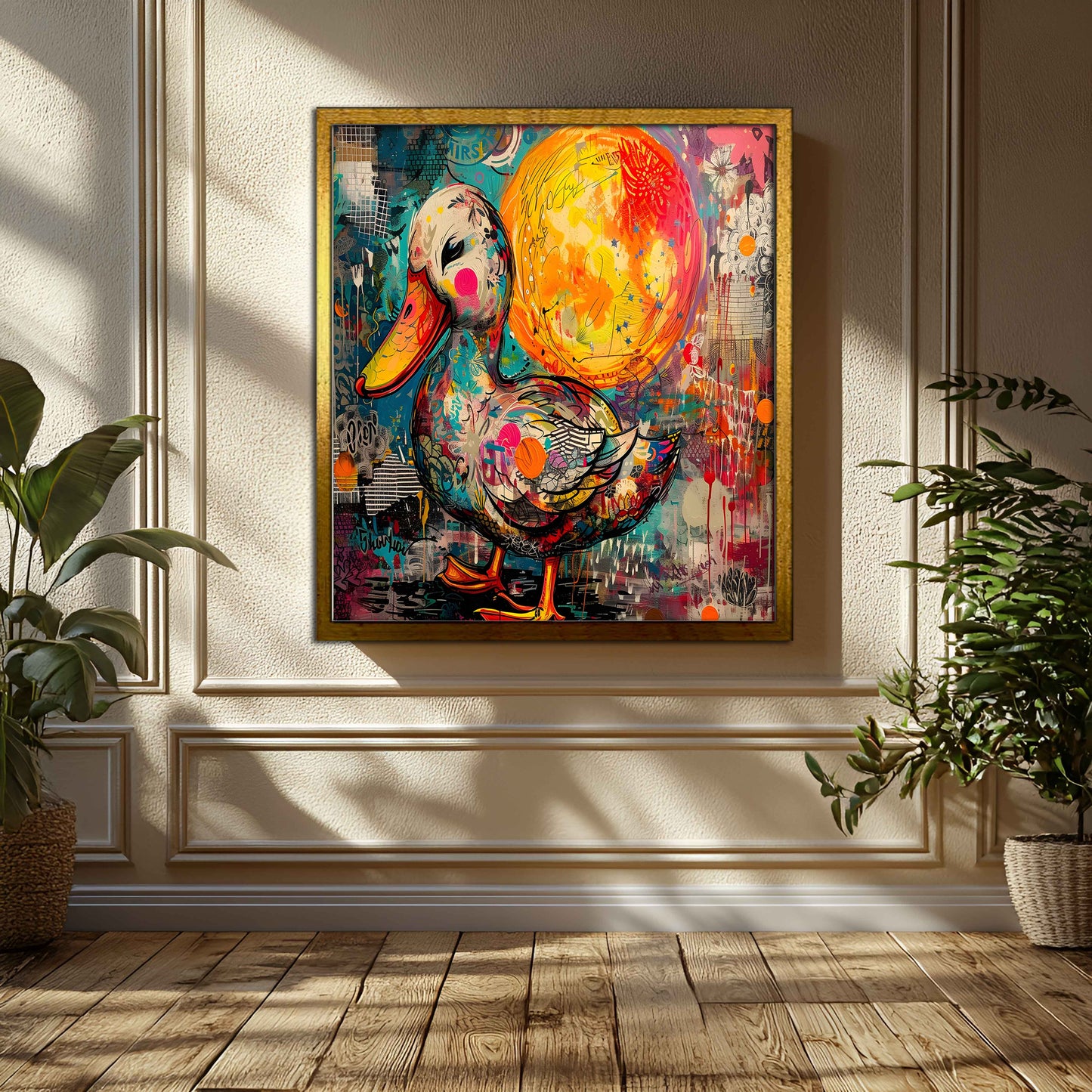 Vibrant Street Art Duck & Moon Mixed Media Canvas Painting
