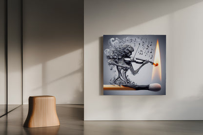 Ignited Melody: Surreal Smoke Violinist on a Burning Match Art Print