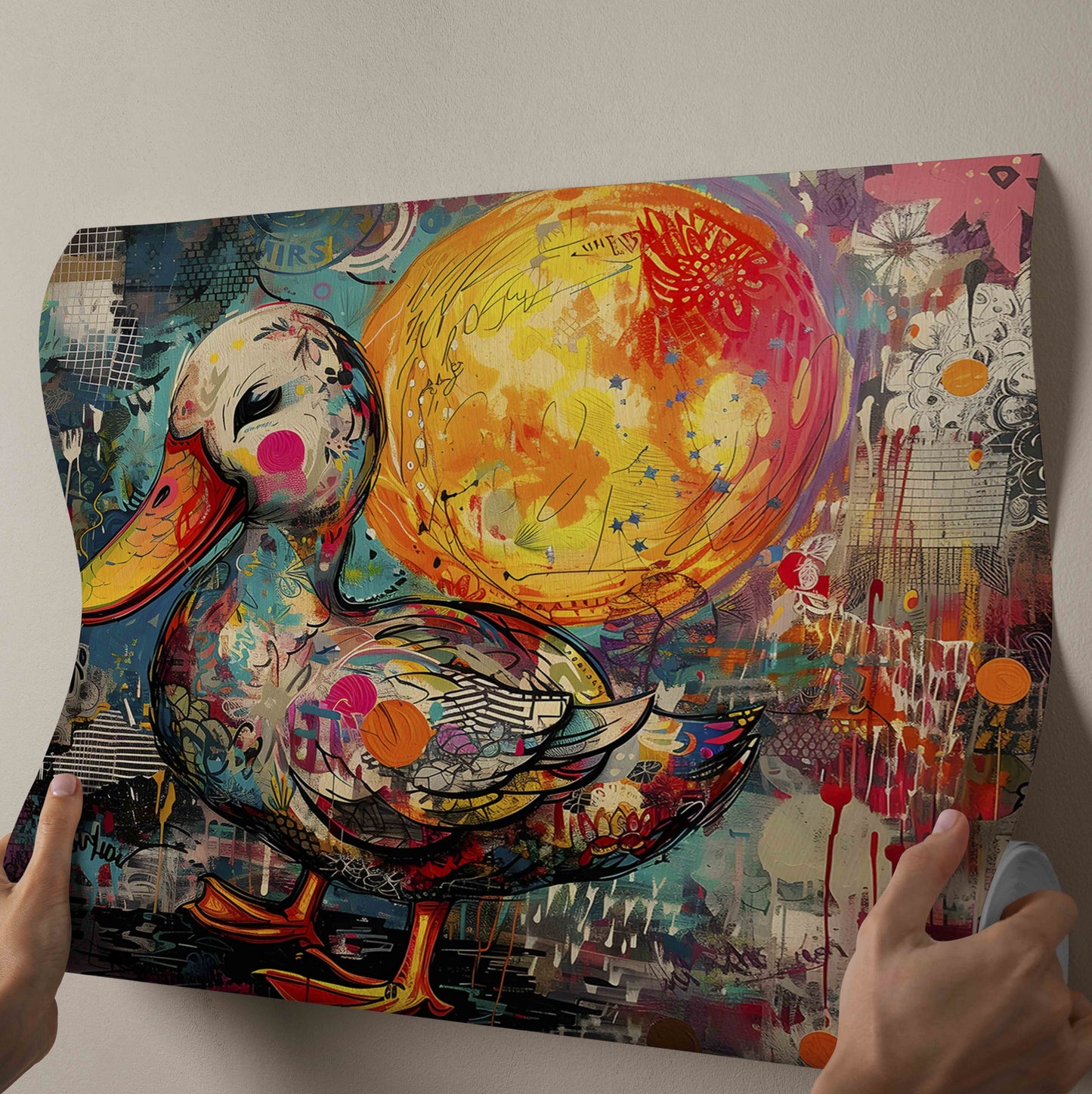 Vibrant Street Art Duck & Moon Mixed Media Canvas Painting