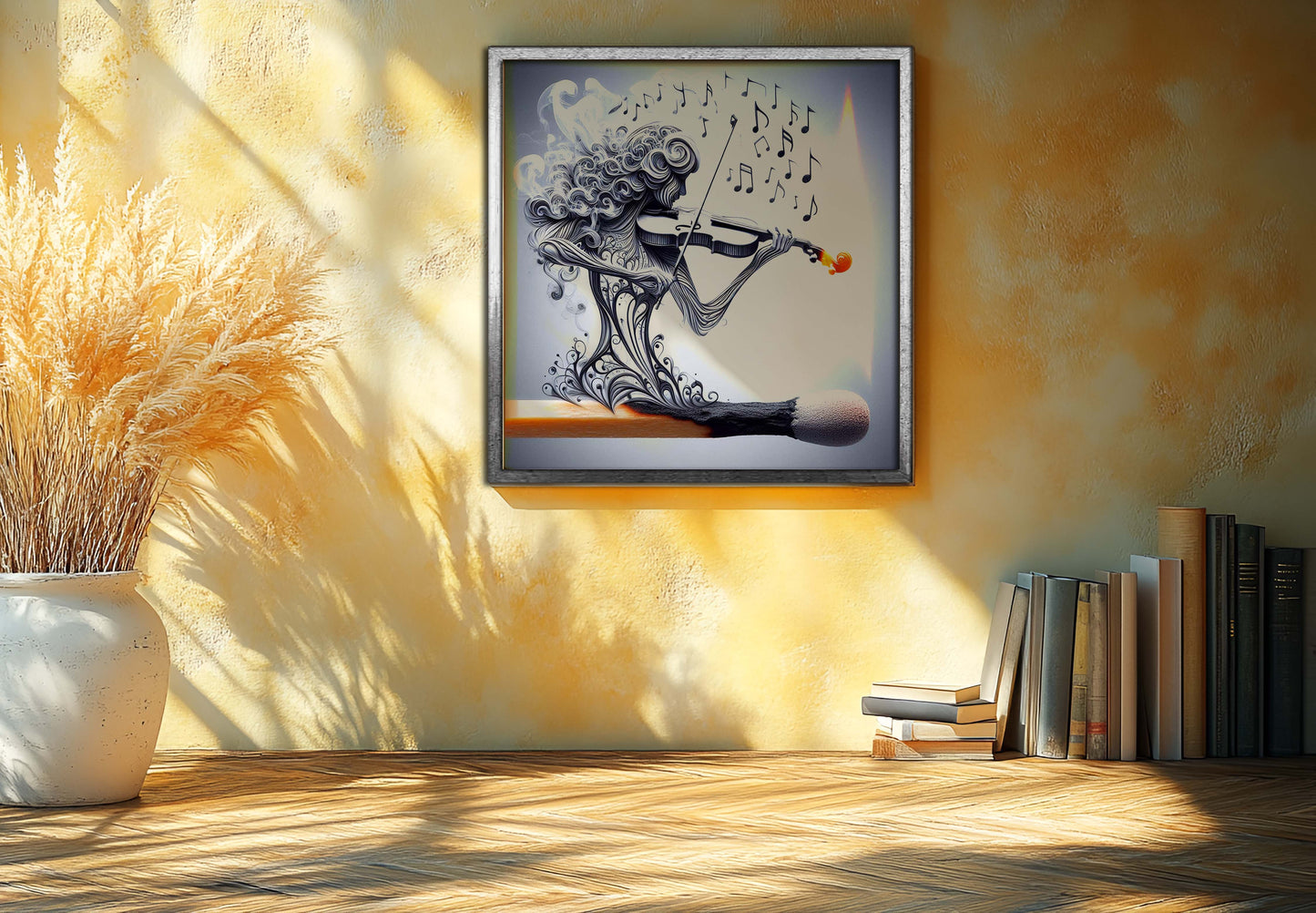 Ignited Melody: Surreal Smoke Violinist on a Burning Match Art Print