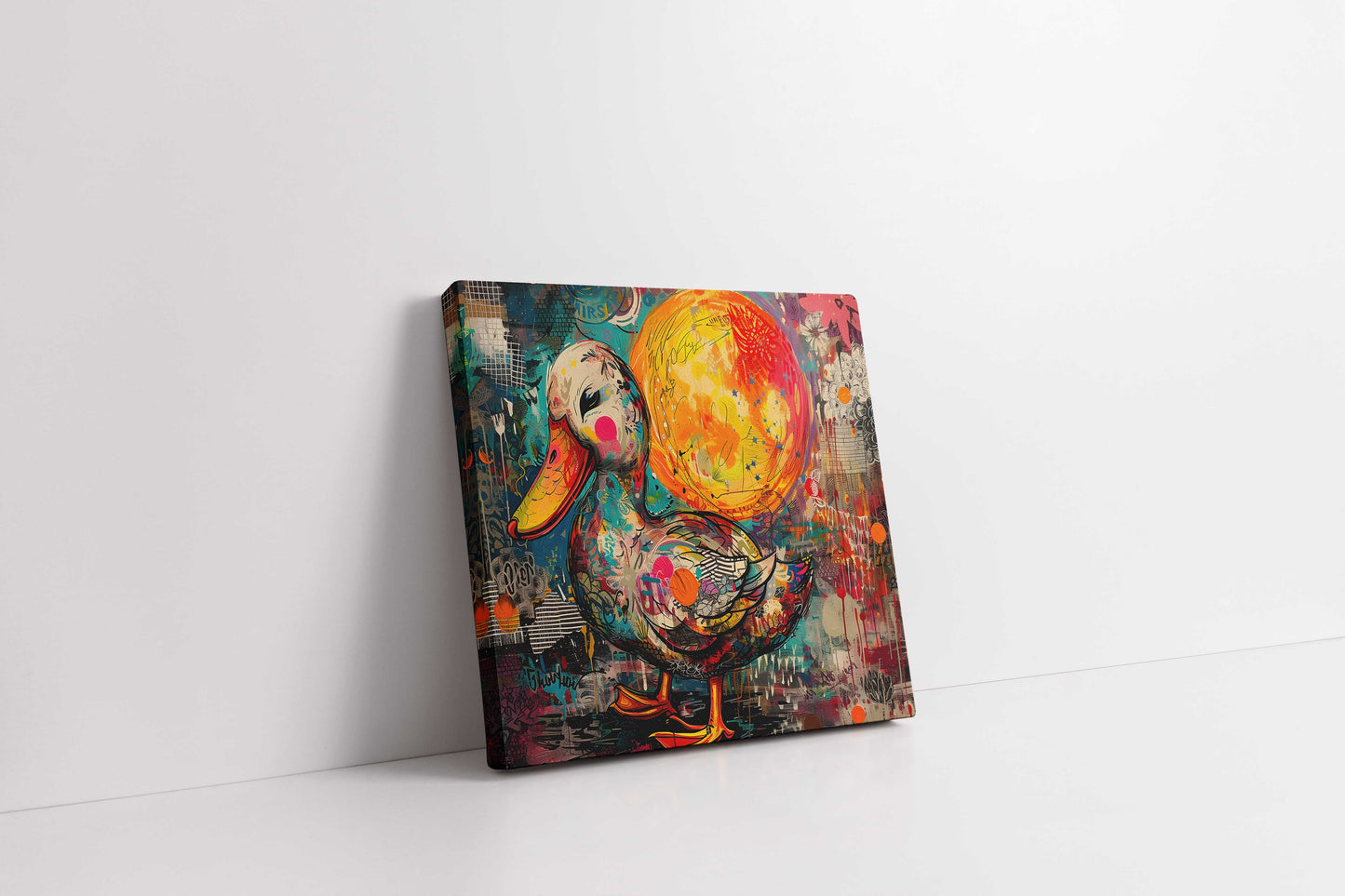 Vibrant Street Art Duck & Moon Mixed Media Canvas Painting