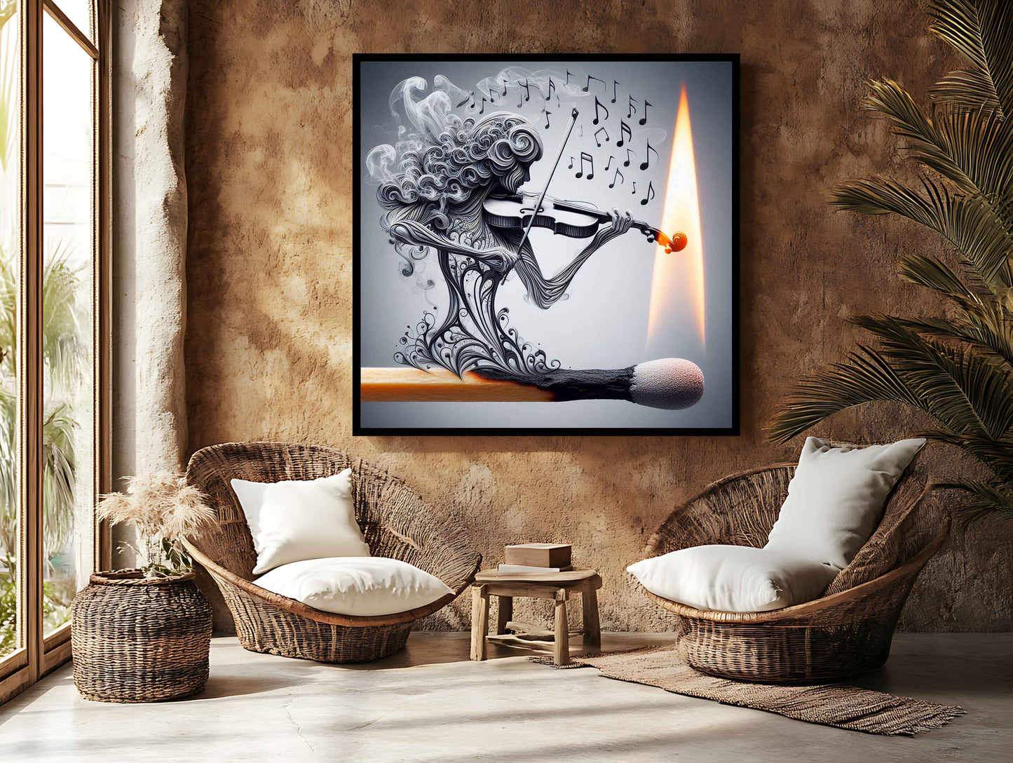 Ignited Melody: Surreal Smoke Violinist on a Burning Match Art Print