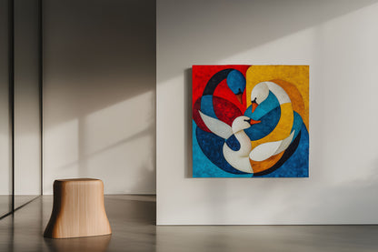 Vibrant Union: Abstract Geometric Swans Canvas Painting – Cubist Style Wall Art