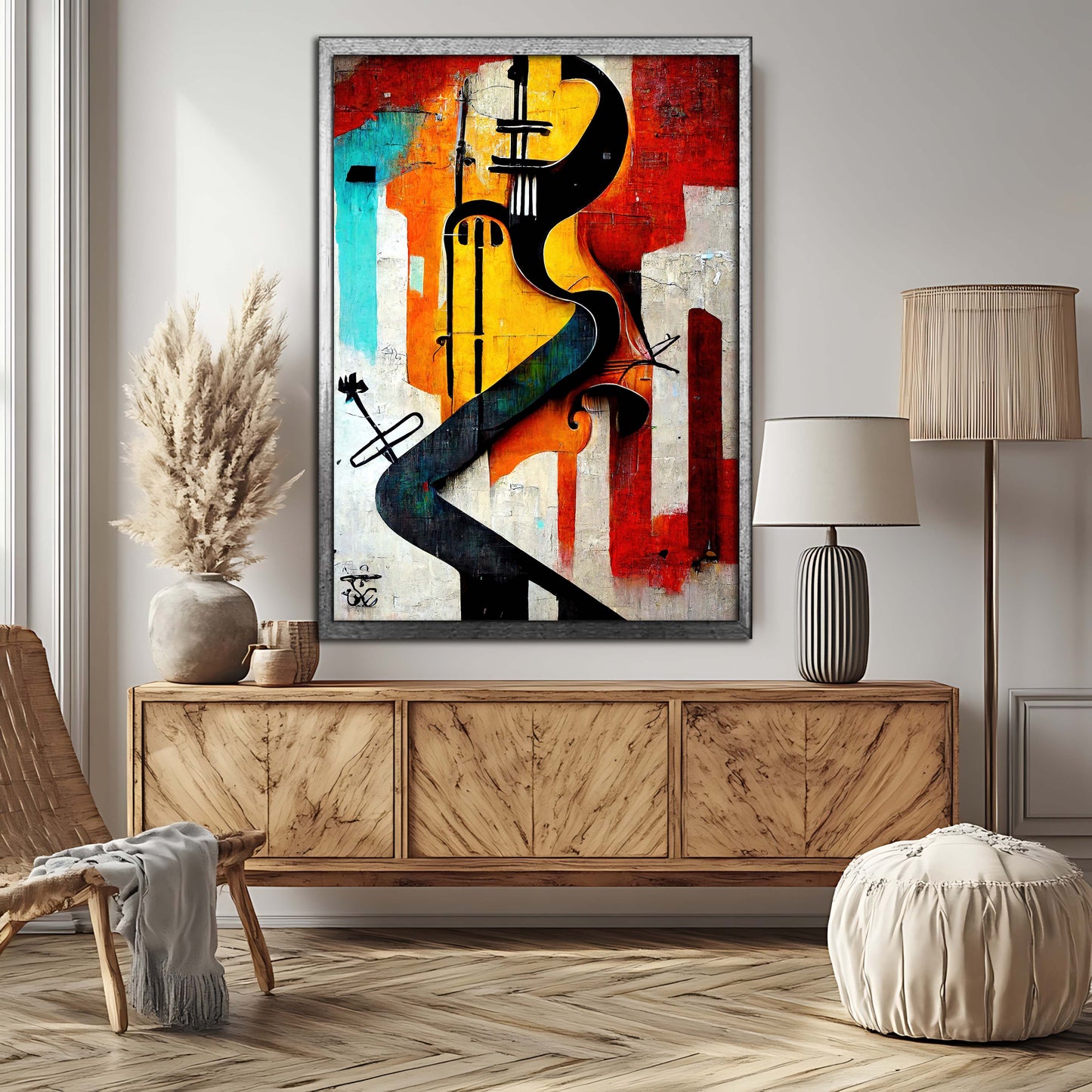 Abstract Cello & Cityscape - Vibrant Cubist Canvas Print
