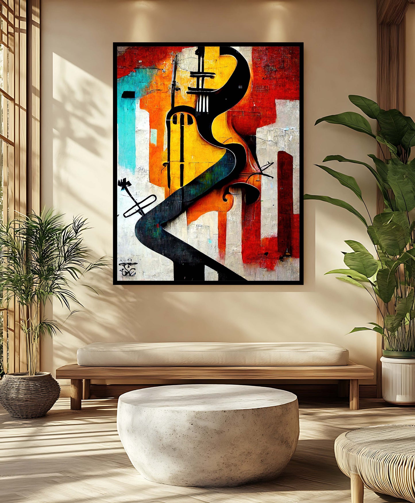 Abstract Cello & Cityscape - Vibrant Cubist Canvas Print