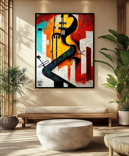 Abstract Cello & Cityscape - Vibrant Cubist Canvas Print