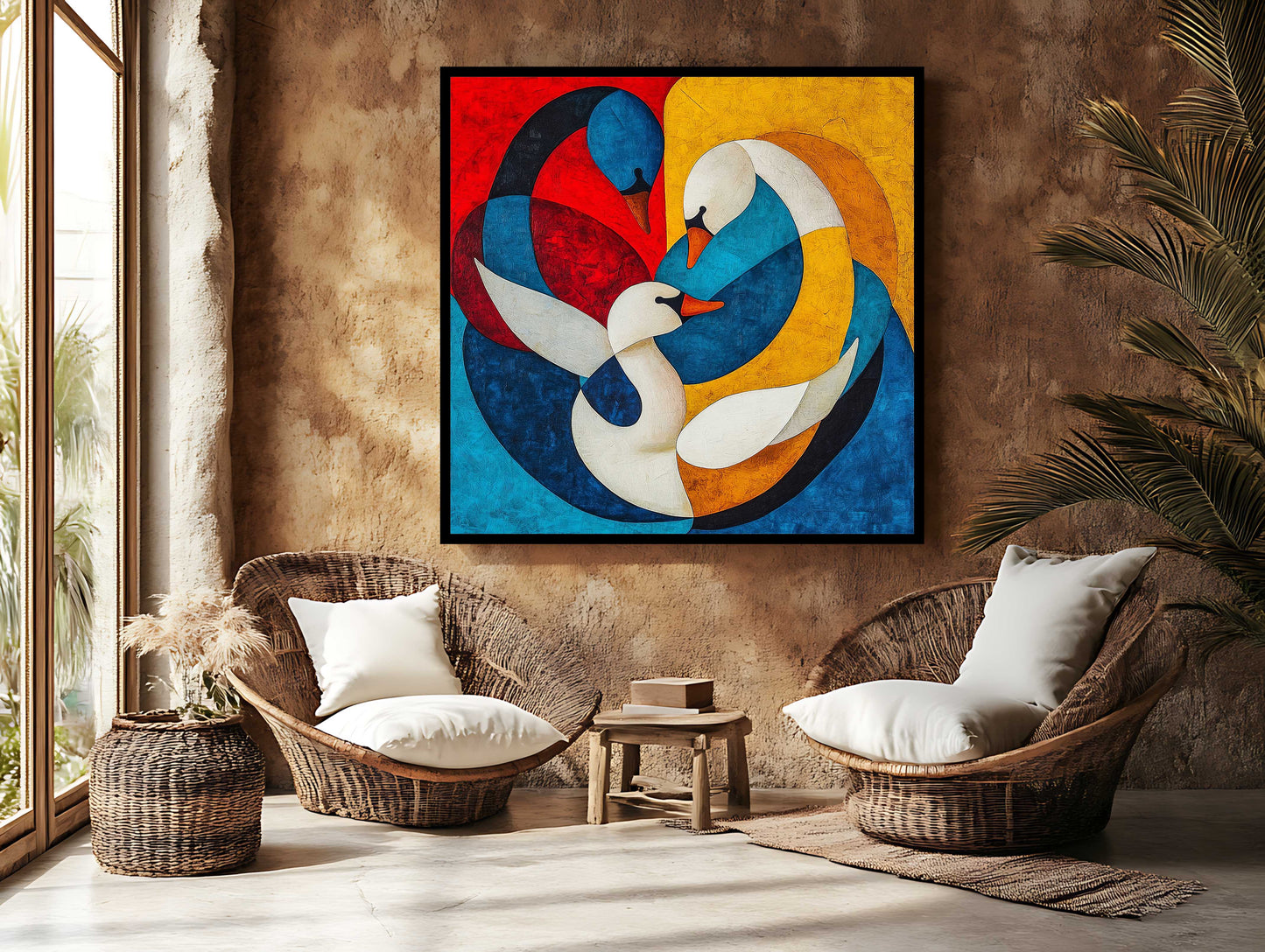 Vibrant Union: Abstract Geometric Swans Canvas Painting – Cubist Style Wall Art