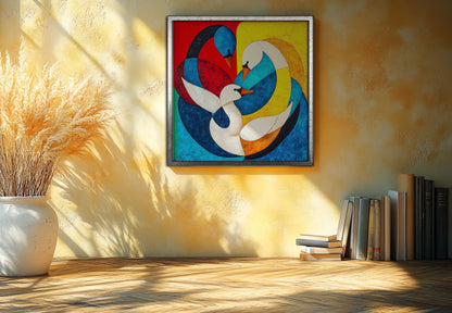 Vibrant Union: Abstract Geometric Swans Canvas Painting – Cubist Style Wall Art
