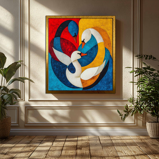 Vibrant Union: Abstract Geometric Swans Canvas Painting – Cubist Style Wall Art